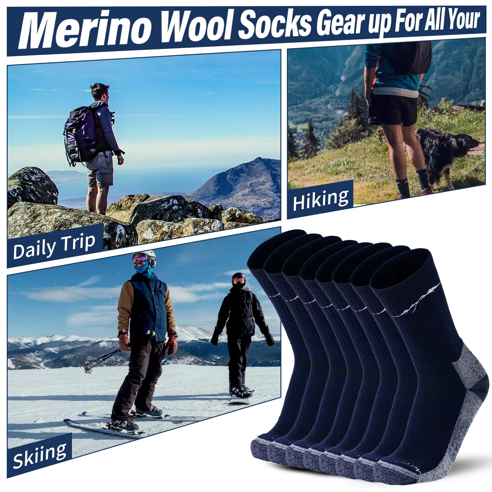 Men's Merino Hike Crew Socks Navy - 4 Pairs