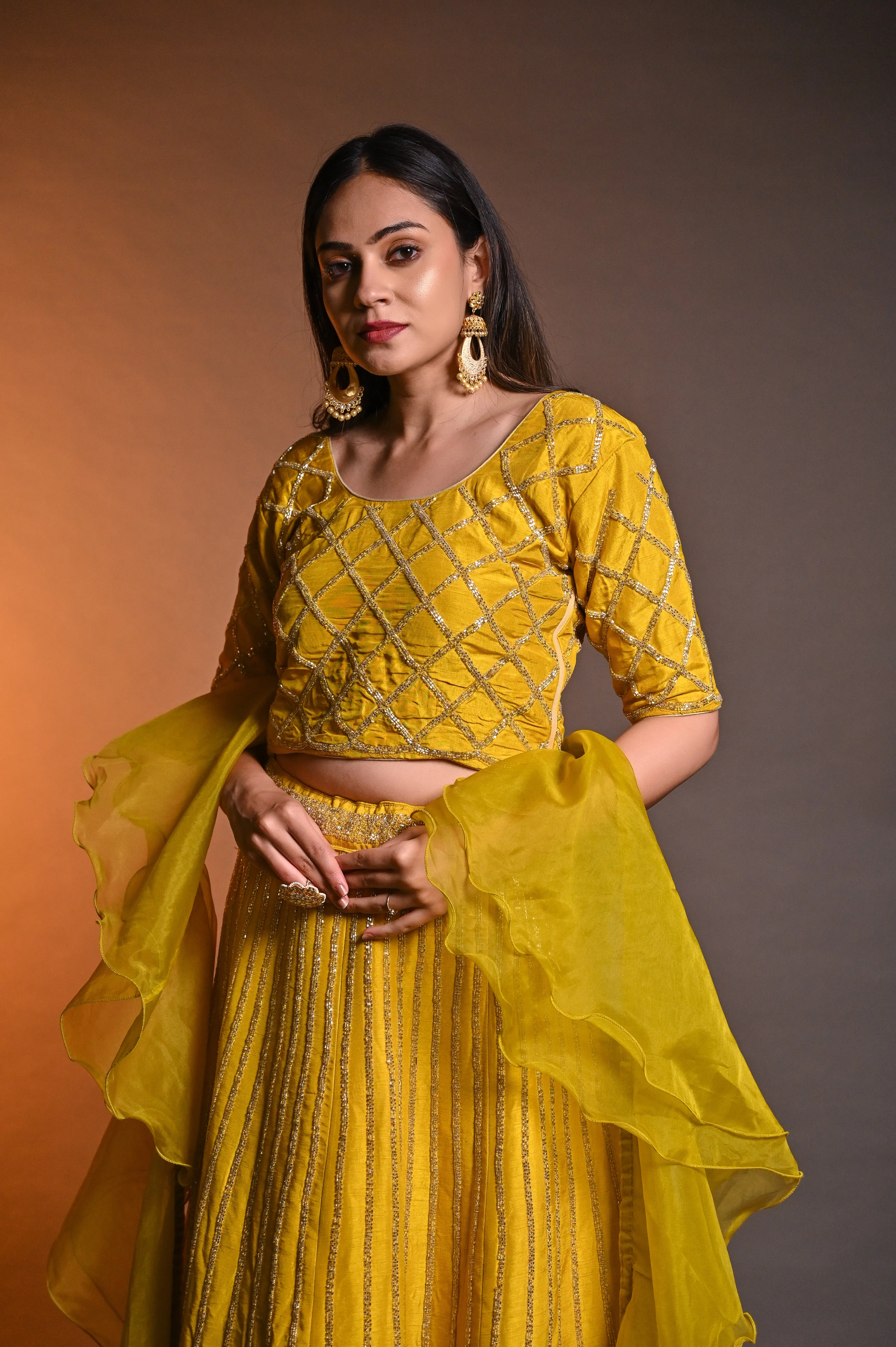 Mustard Raw Silk Cutdana Lehenga Choli with Kasab Ari Work