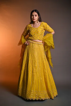 Mustard Raw Silk Cutdana Lehenga Choli with Kasab Ari Work