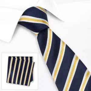 Navy With White & Gold Stripes Silk Tie & Handkerchief Set