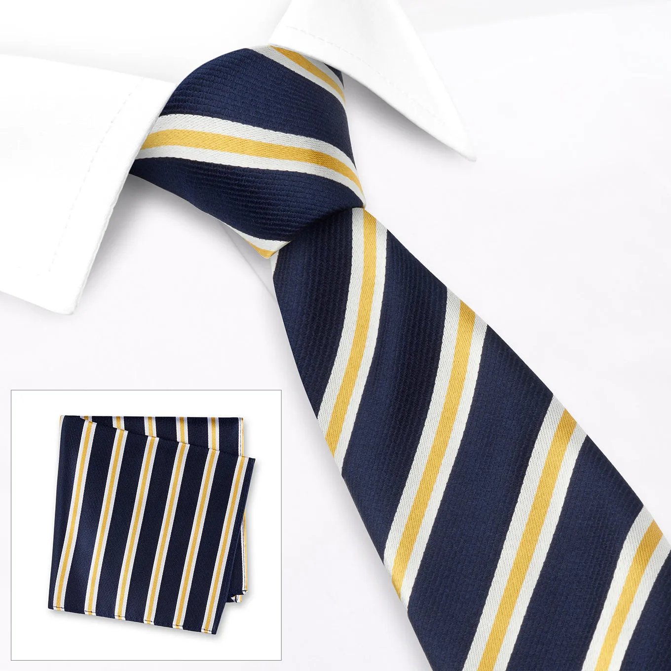 Navy With White & Gold Stripes Silk Tie & Handkerchief Set