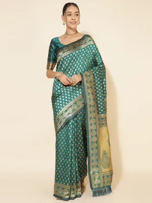 Peacock Green Pure Silk Women Ethnic Motif Banarasi Saree