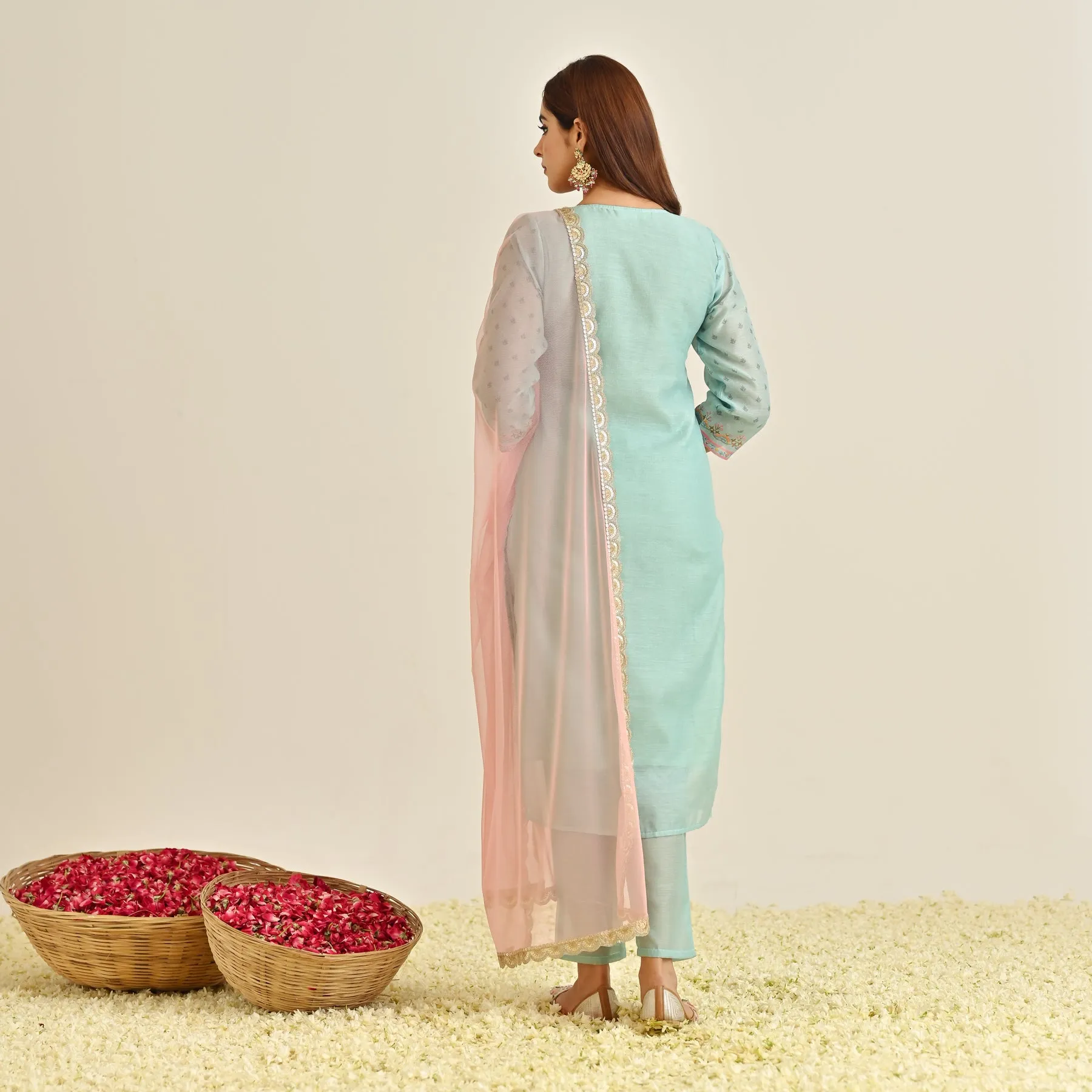 Powder Blue Floral Straight Kurta Set with Yoke Embroidery & Dupatta