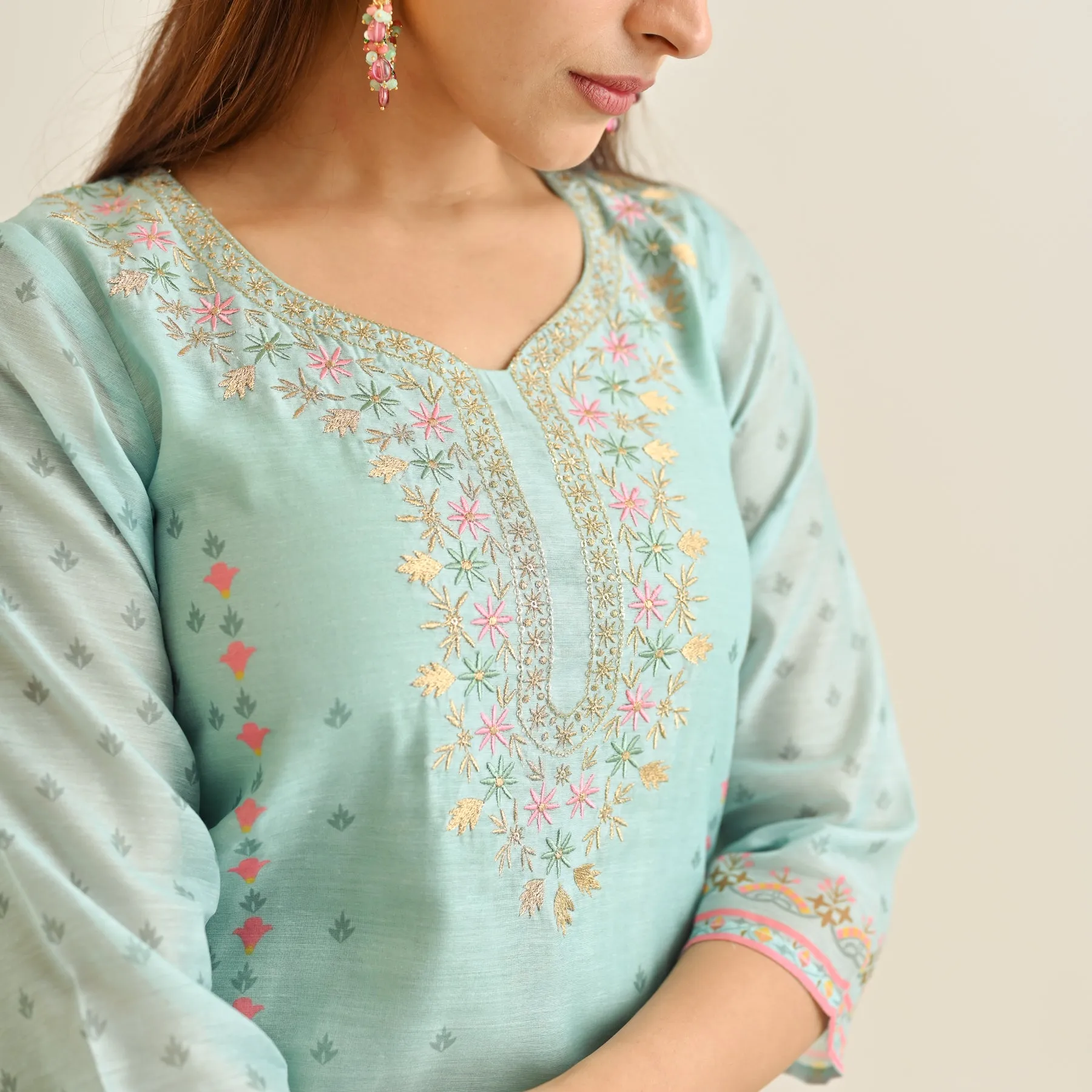 Powder Blue Floral Straight Kurta Set with Yoke Embroidery & Dupatta
