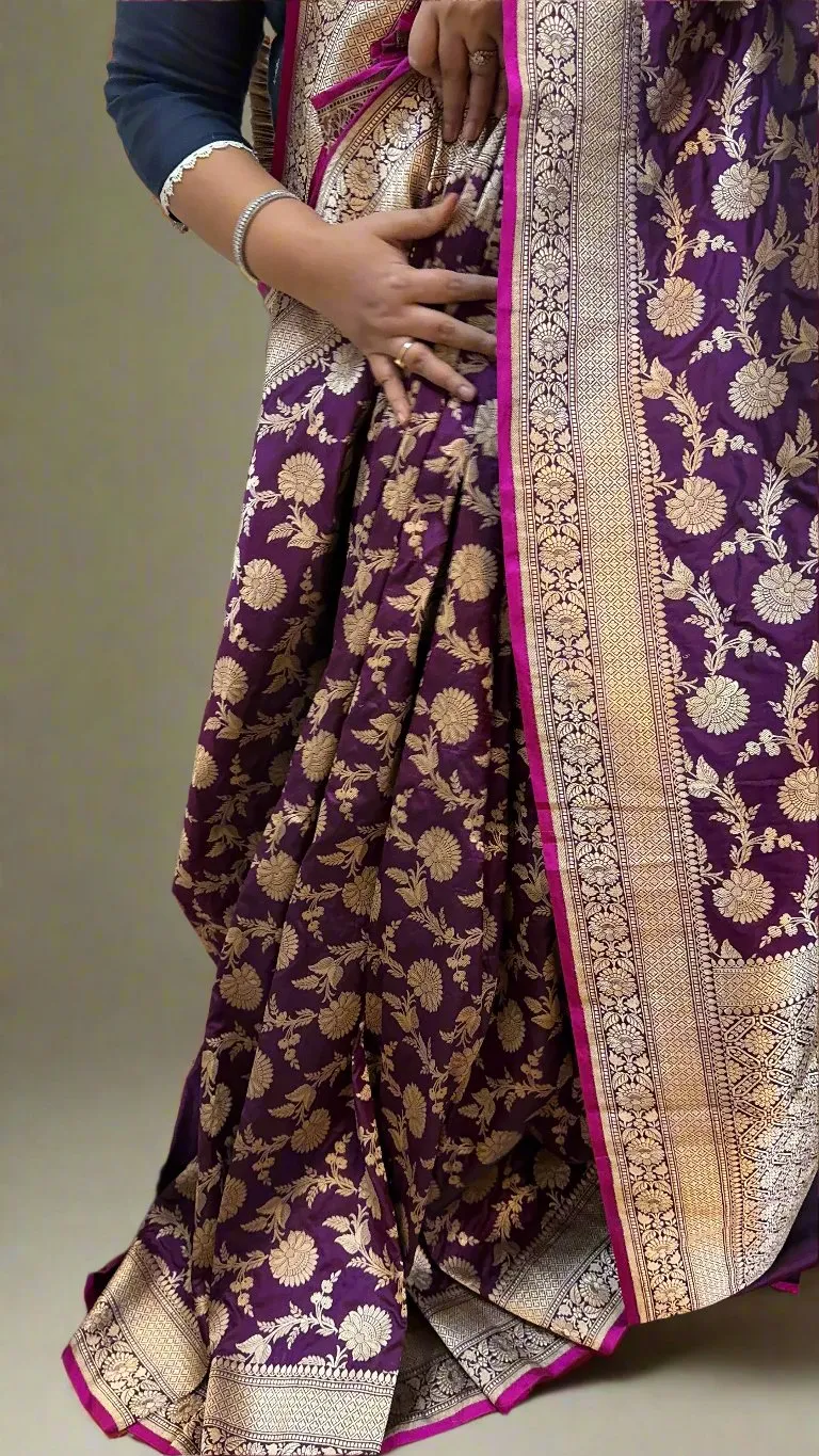 Purple Pure Silk Banarasi Saree with Handwoven Floral Jaal Work