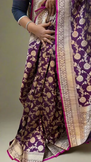 Purple Pure Silk Banarasi Saree with Handwoven Floral Jaal Work