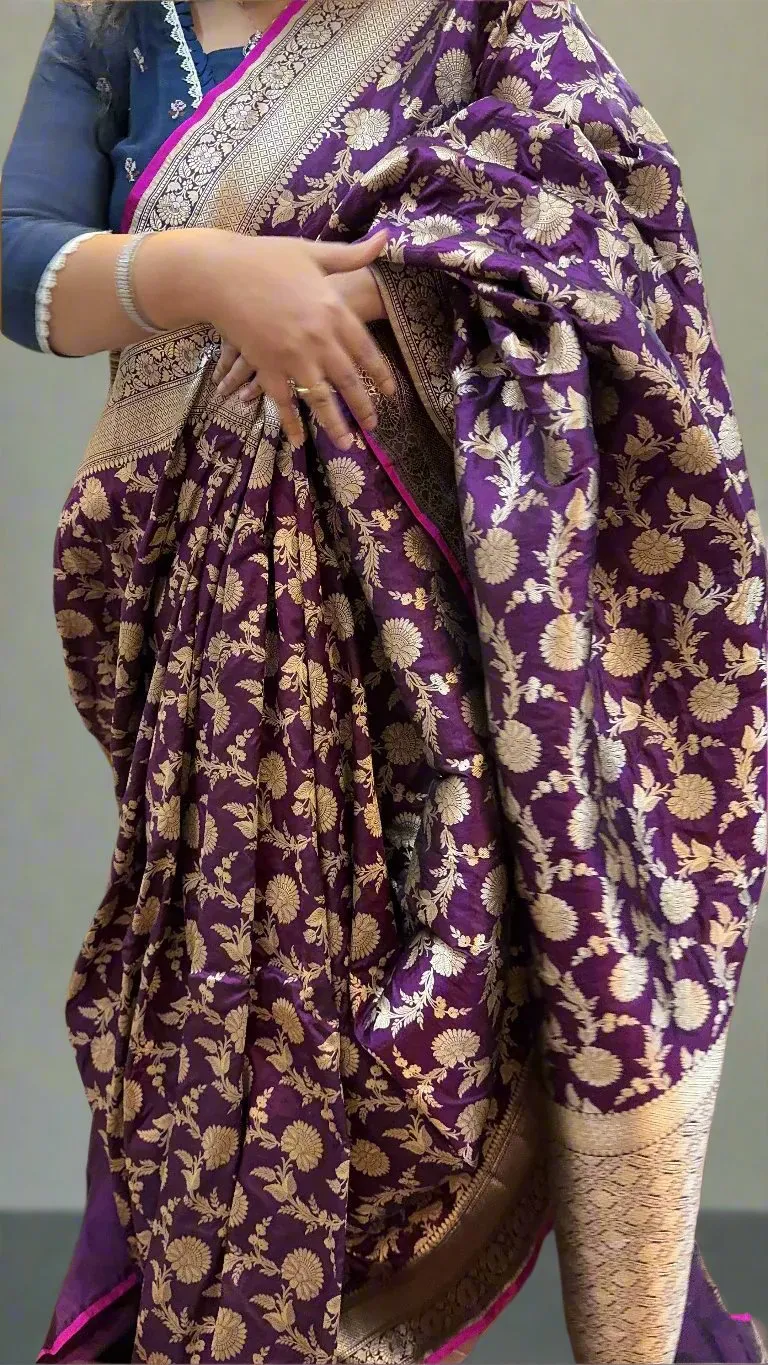 Purple Pure Silk Banarasi Saree with Handwoven Floral Jaal Work