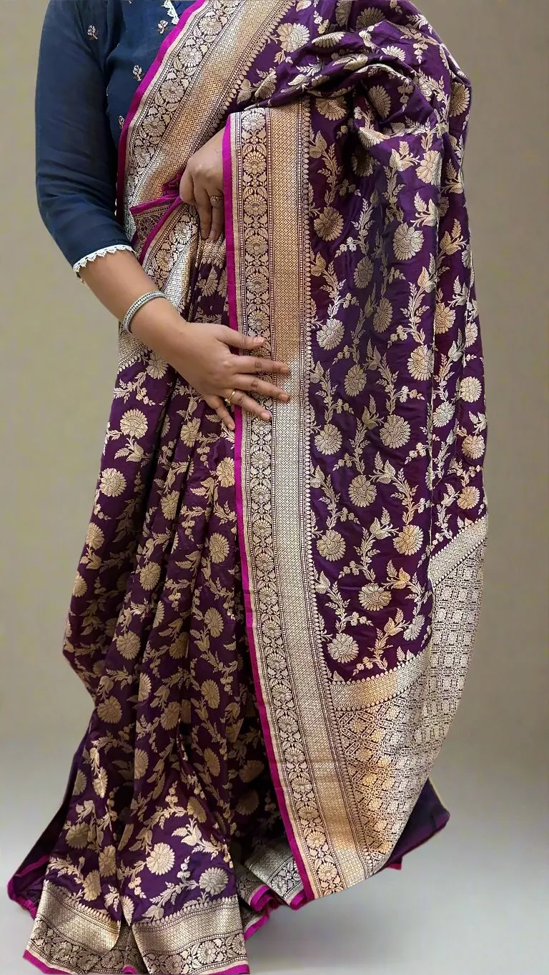 Purple Pure Silk Banarasi Saree with Handwoven Floral Jaal Work