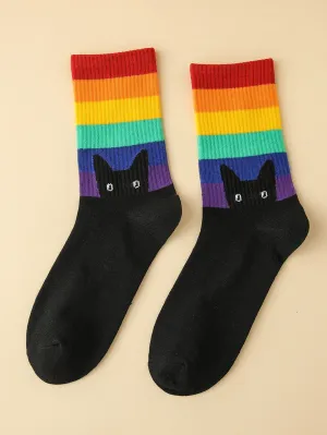 Rainbow Crew Socks, Black Cat Socks, Funny Socks for Women, Novelty Socks, Funky Socks, Gift for Her