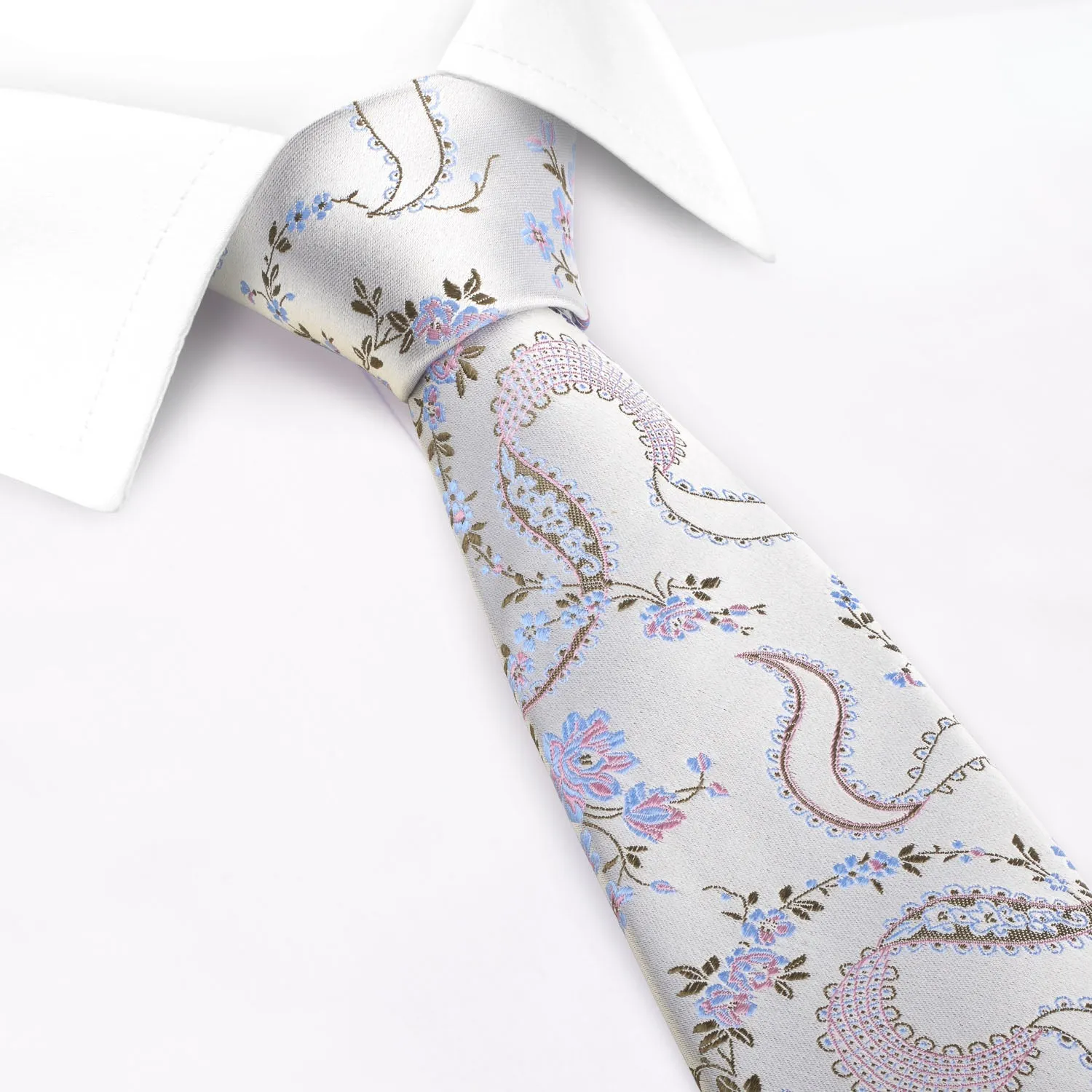 Silver & Pink Luxury Floral Silk Tie