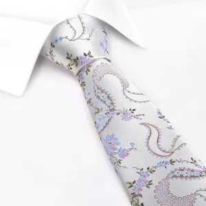 Silver & Pink Luxury Floral Silk Tie