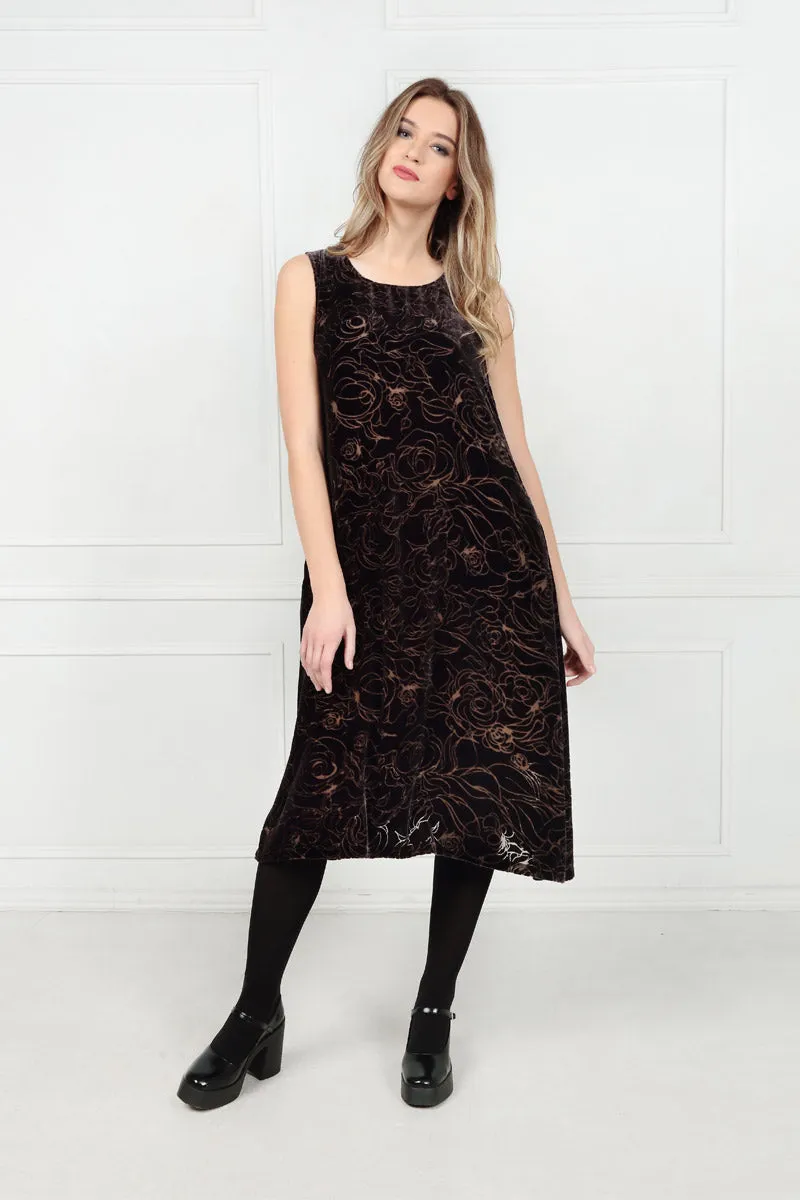 Sleeveless Devoré Roses Brown Silk Velvet Dress