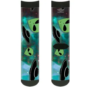 Sock Pair - Polyester - Aliens & UFO's Galaxy/Green/Black/White - CREW