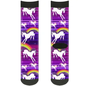 Sock Pair - Polyester - Unicorns Rainbows w Stripes Purple - CREW