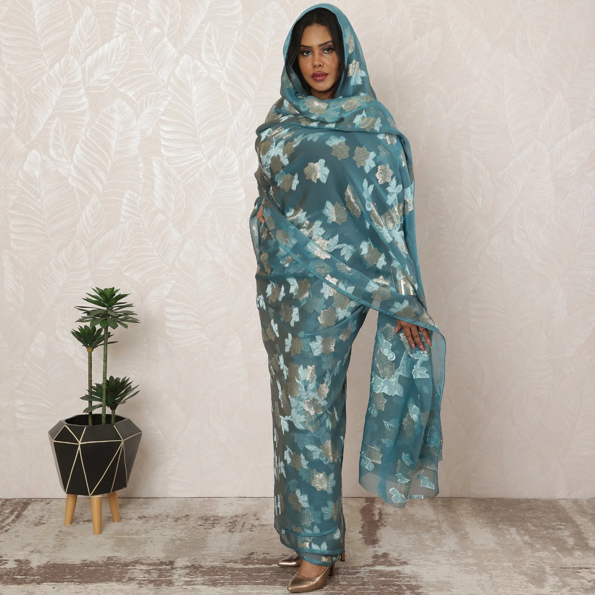 Teal Blue Sudanese Thobe Fabric in Premium Silk Chiffon (Fransawi) with Metallic Lurex, 4.5 Meters, 110 cm Width-D20369