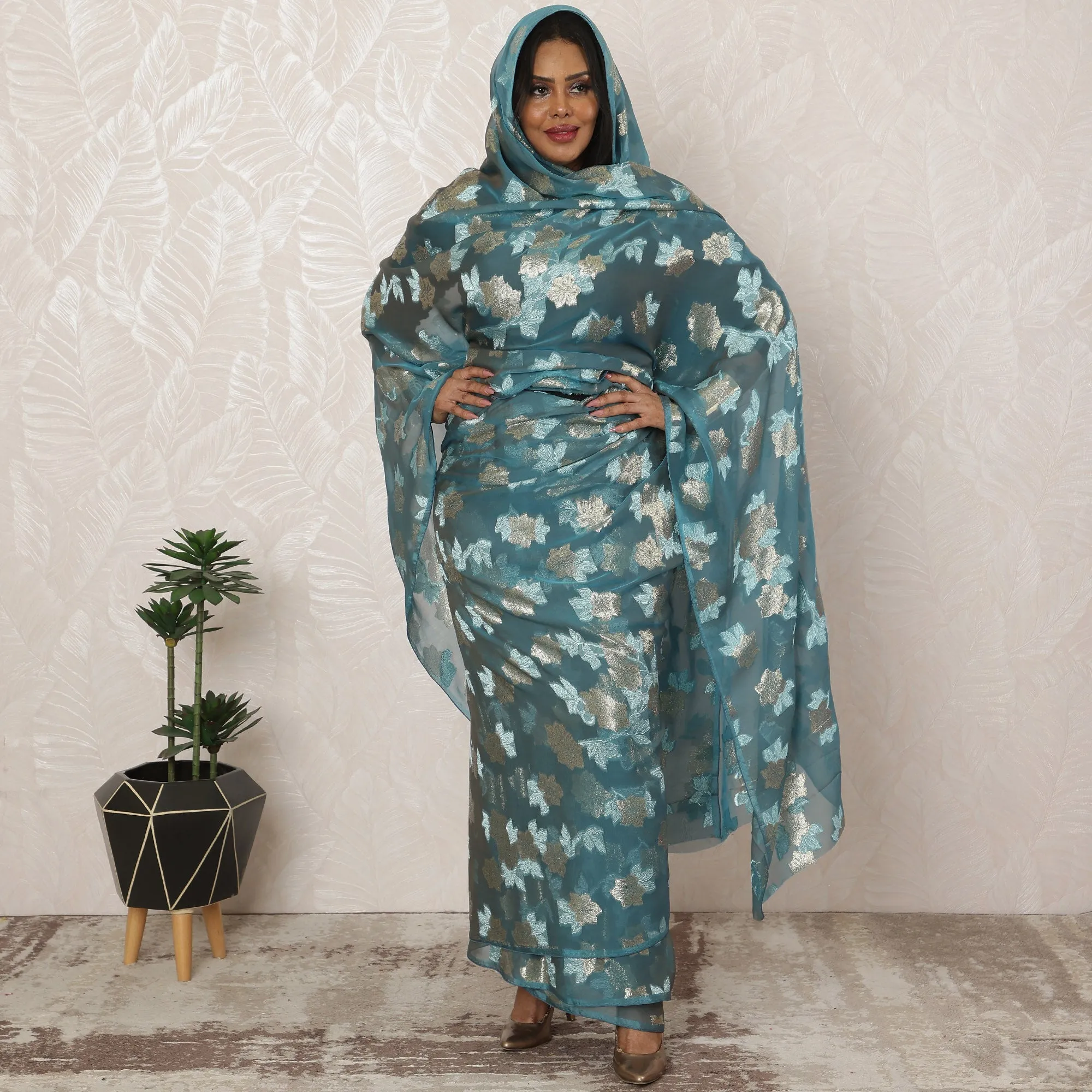 Teal Blue Sudanese Thobe Fabric in Premium Silk Chiffon (Fransawi) with Metallic Lurex, 4.5 Meters, 110 cm Width-D20369