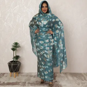 Teal Blue Sudanese Thobe Fabric in Premium Silk Chiffon (Fransawi) with Metallic Lurex, 4.5 Meters, 110 cm Width-D20369