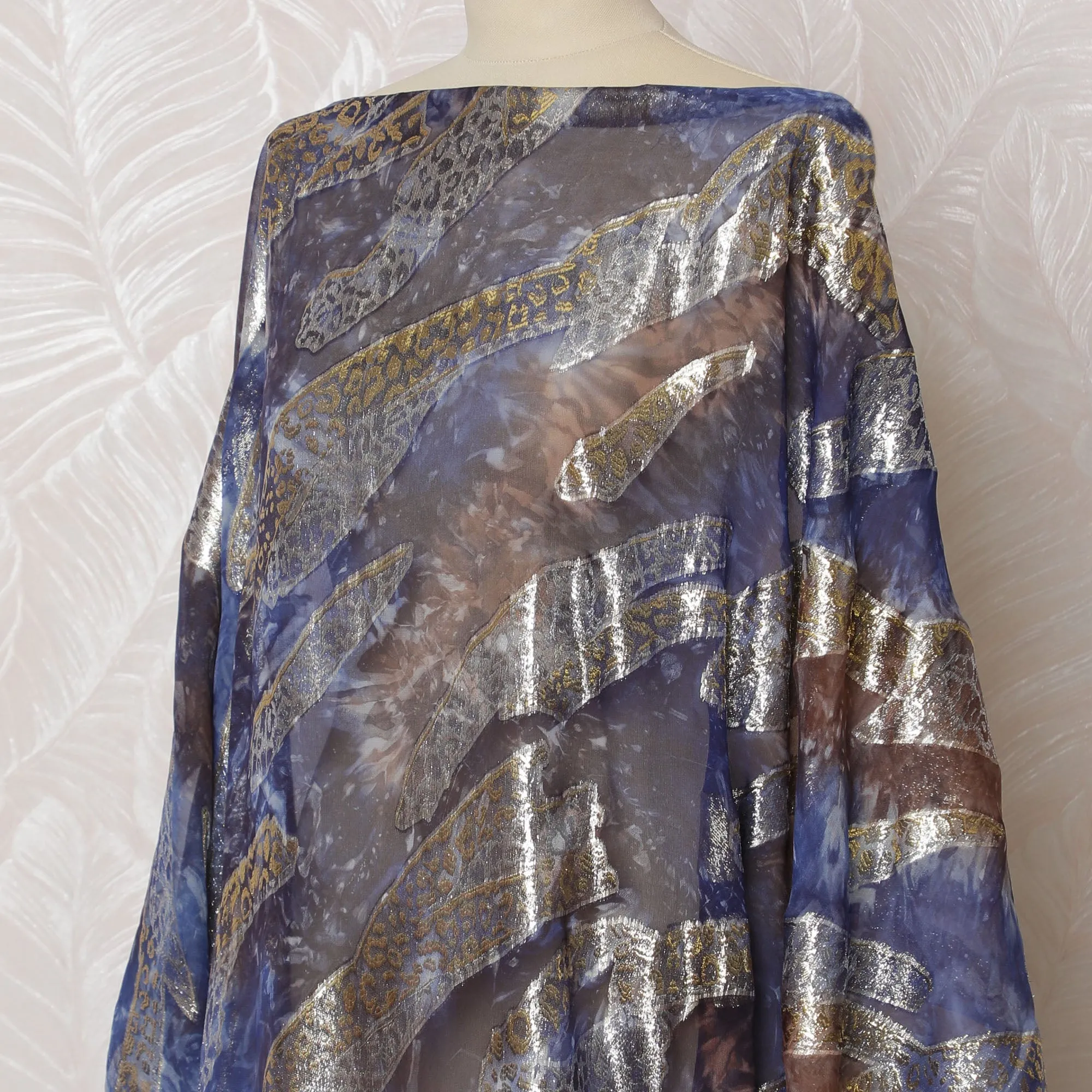 Traditional Somali Dirac Fabric in Pure Silk Chiffon with Metallic Lurex, Blue and Brown with Silver Leopard Print, 3.5 Meters, 140 cm Width-D19912