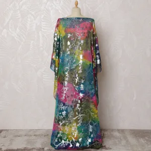 Traditional Somali Dirac Fabric in Pure Silk Chiffon with Metallic Lurex, Multicolor Rainbow Ombre with Silver Floral, 3.5 Meters, 140 cm Width-D19903