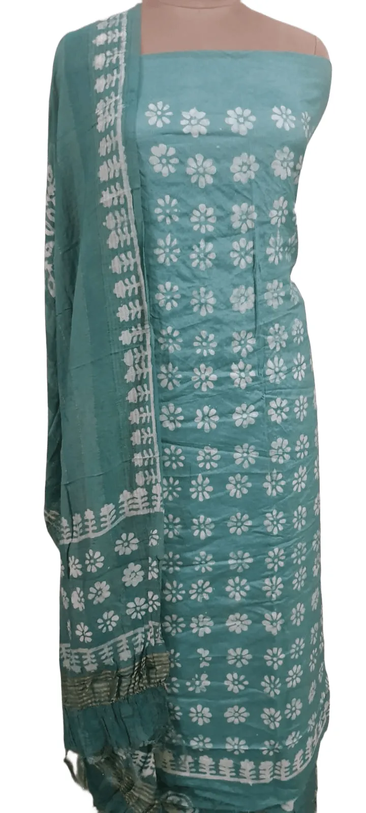 Turquoise Batik Cotton Silk Salwar kameez Dress material Ev04