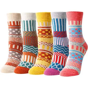 Women Wool Socks, Warm Cabin Nordic Socks, Vintage Socks, Thick Knit Cozy Winter Socks for Women Gifts 5 Pairs
