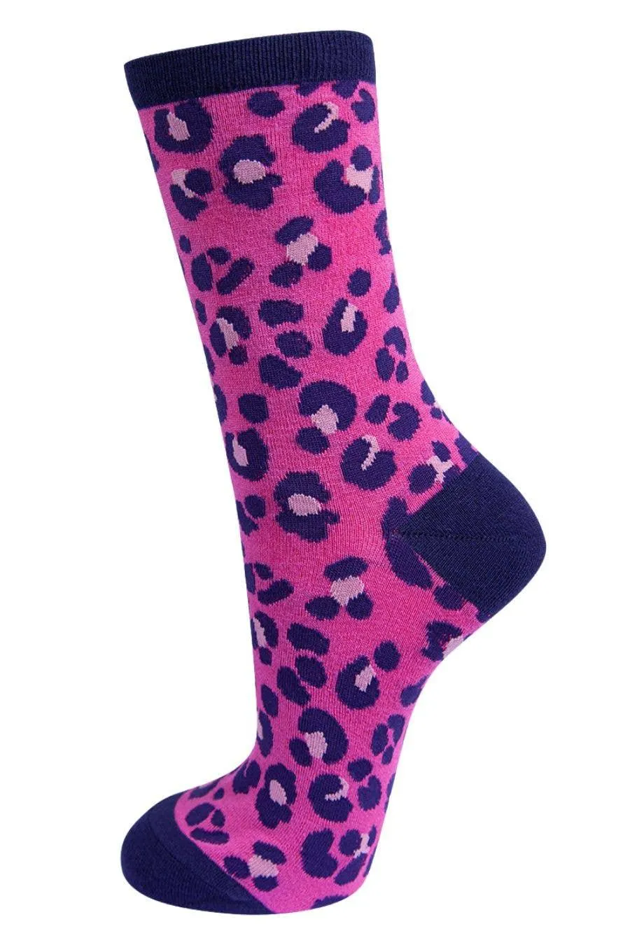 Women's Leopard Print Bamboo Socks Ladies Animal Print Pink and Navy