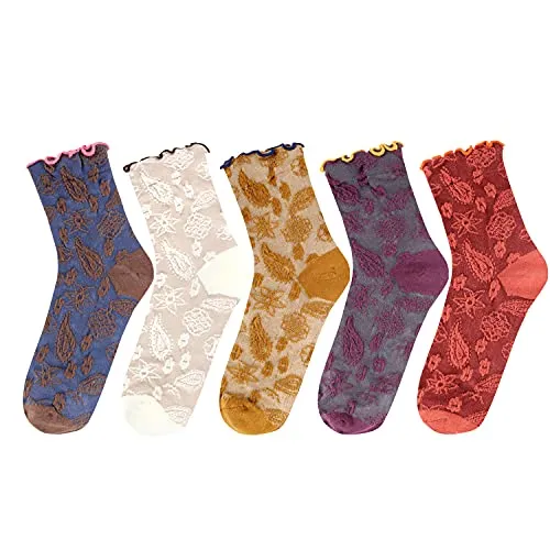 Womens Novelty Funny Crew Socks Girls Cute Floral Colorful Patterned Socks Silly Funky Casual Cotton Flower printed Socks Gift，5 Pack-art Illustration-b
