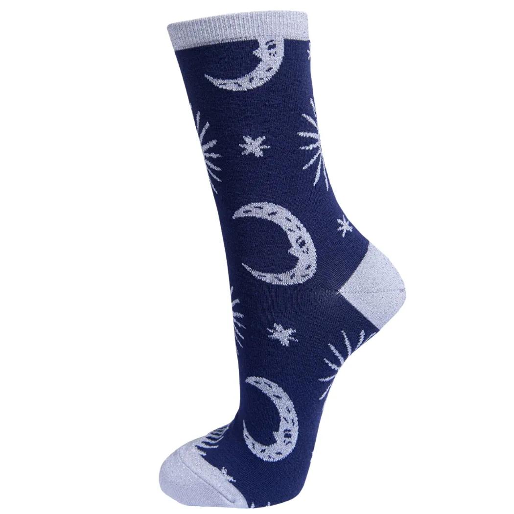 Women's Silver Celestial Stars and Moon Bamboo Glitter Socks